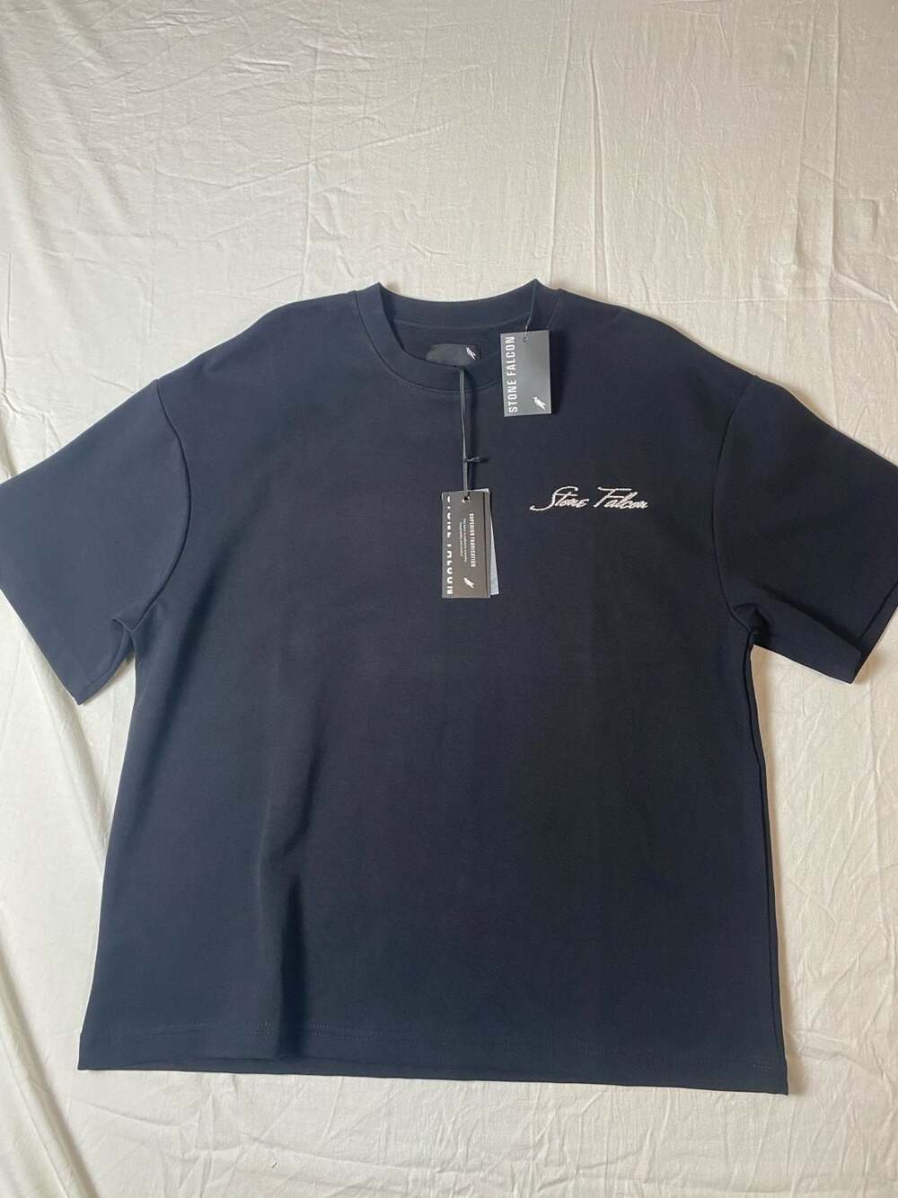 Stone Falcon Men's Black Rhinestone Script Logo T-Shirt Size M